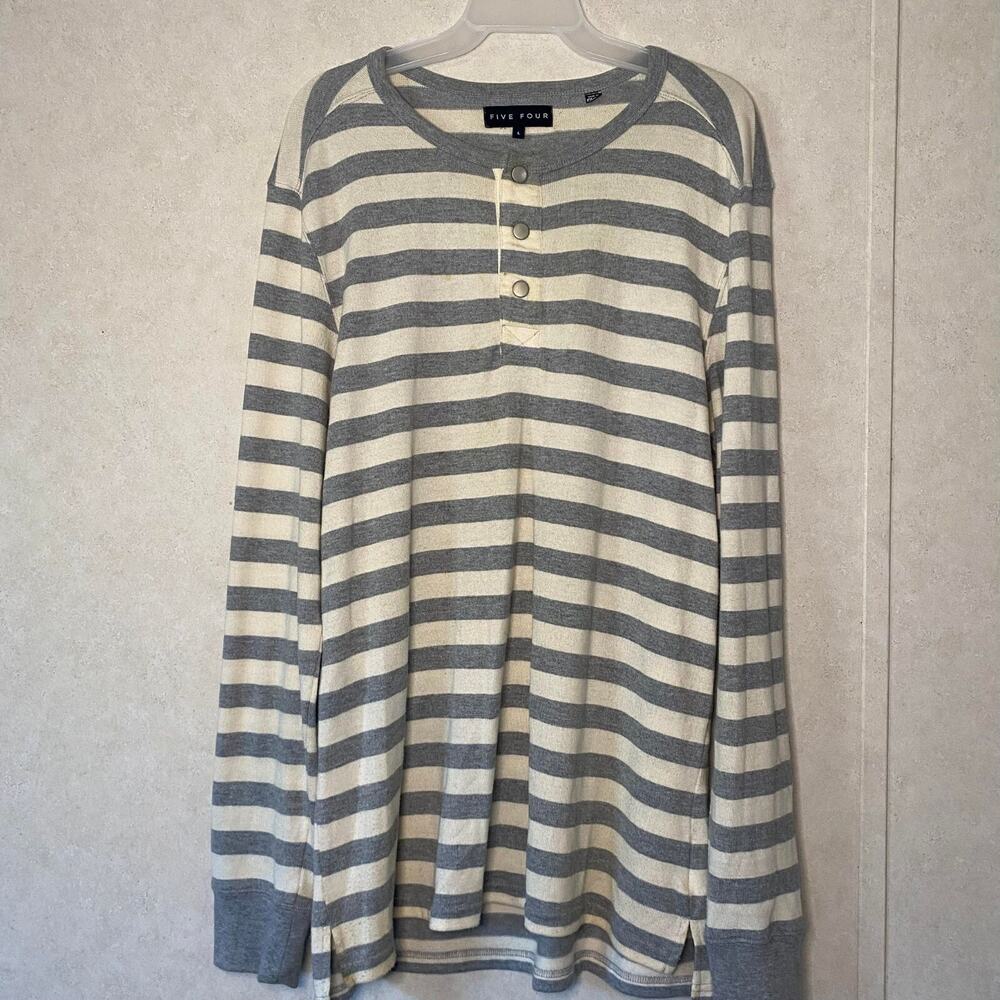 Five Four Mens Crew Neck White & Gray Stripe Long‎ Sleeve Shirt Top , Size Large